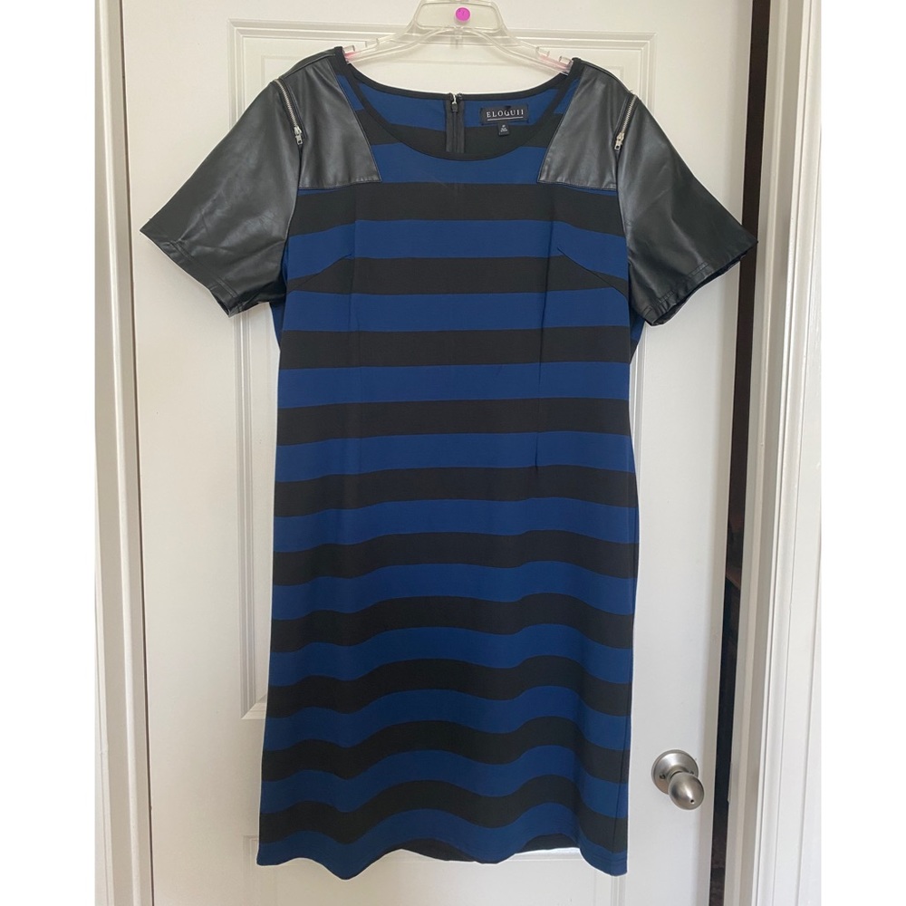 Eloquii Royal Blue and Black Faux Leather Sleeve Dress